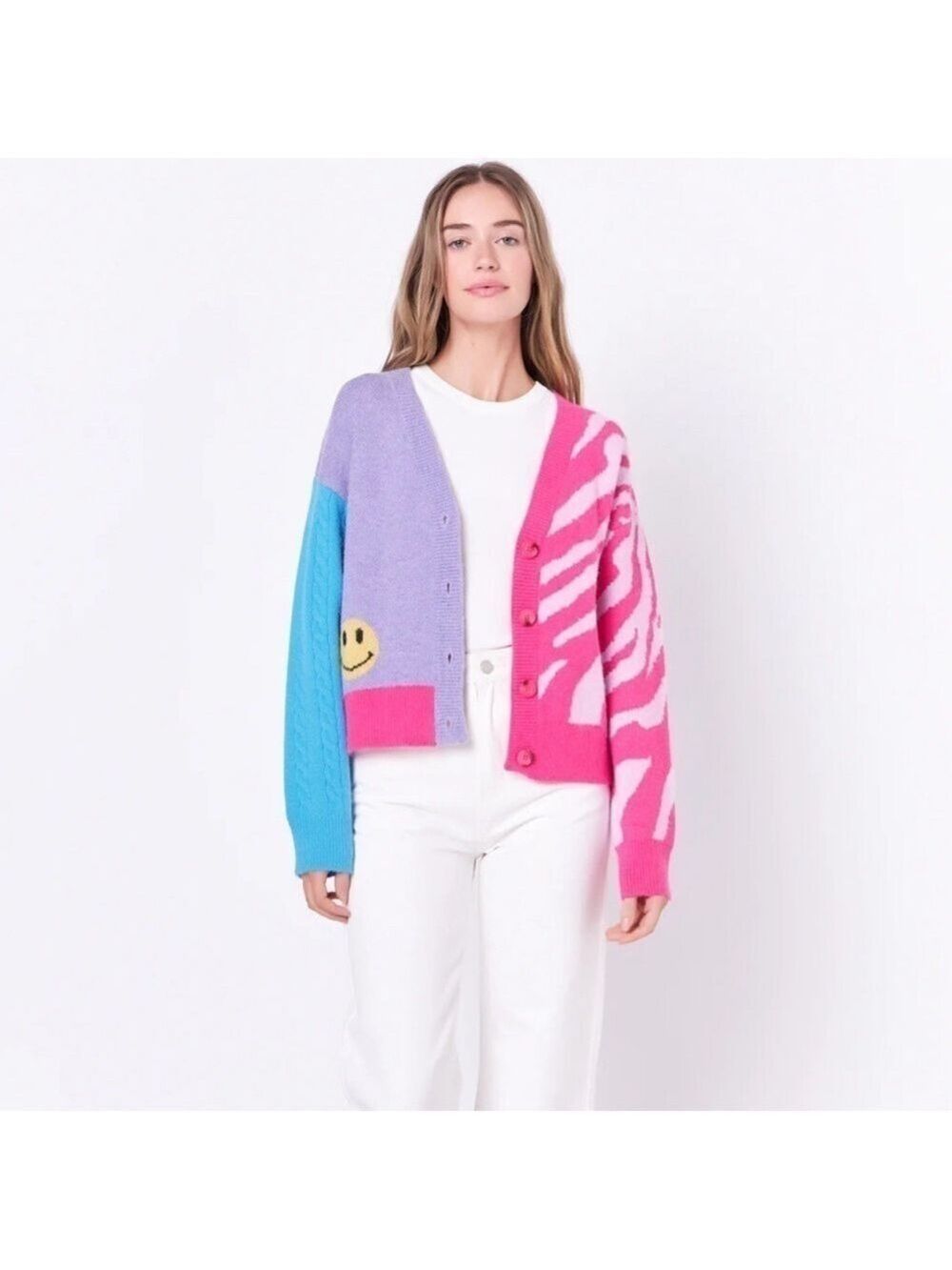 English Factory Combination V-Neck Zebra Print Color Block Cardigan Sweater Xs — image 2 of 8